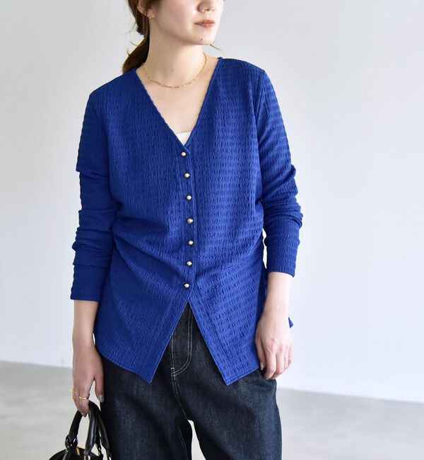 quaranciel「quaranciel:〈洗濯機可能〉ジャカード ジャージー Vネック ギャザー カーディガン」|カーディガン|