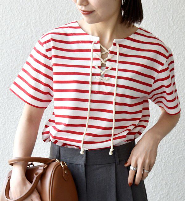 SHIPS any「SHIPS any:〈洗濯機可能〉マリンボーダー レースアップ ショートスリーブ TEE」|Tシャツ・カットソー|