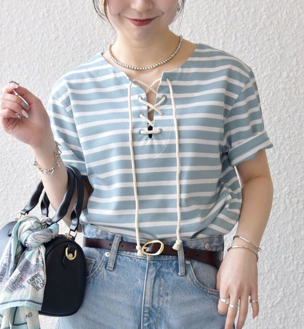 SHIPS any「SHIPS any:〈洗濯機可能〉マリンボーダー レースアップ ショートスリーブ TEE」|Tシャツ・カットソー|