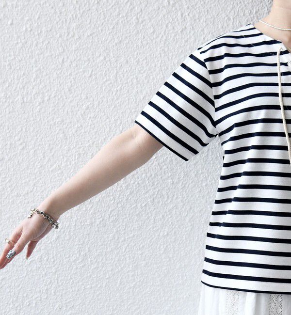 SHIPS any「SHIPS any:〈洗濯機可能〉マリンボーダー レースアップ ショートスリーブ TEE」|Tシャツ・カットソー|