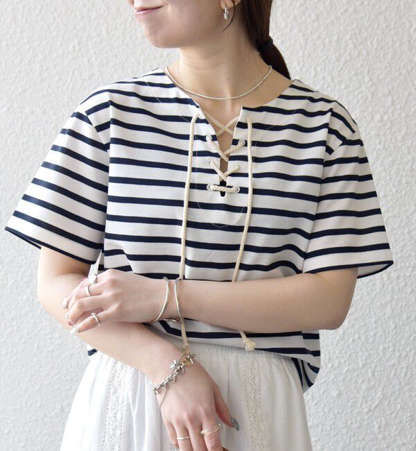 SHIPS any「SHIPS any:〈洗濯機可能〉マリンボーダー レースアップ ショートスリーブ TEE」|Tシャツ・カットソー|