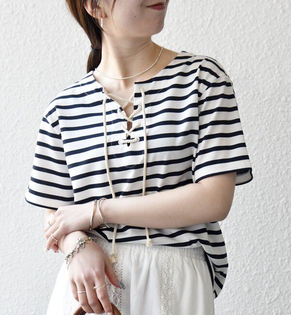 SHIPS any「SHIPS any:〈洗濯機可能〉マリンボーダー レースアップ ショートスリーブ TEE」|Tシャツ・カットソー|