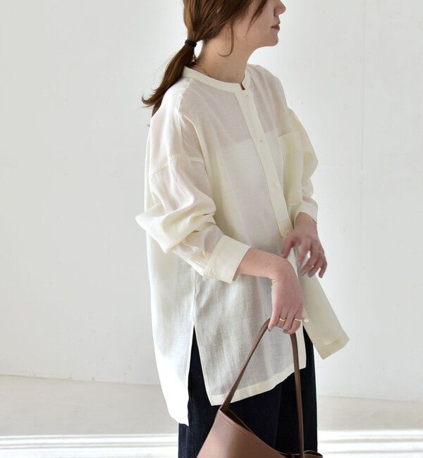 quaranciel「quaranciel:〈洗濯機可能〉リネン ミックス バンドカラー ポケット シャツ」|シャツ・ブラウス|