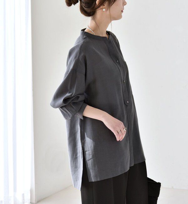 quaranciel「quaranciel:〈洗濯機可能〉リネン ミックス バンドカラー ポケット シャツ」|シャツ・ブラウス|