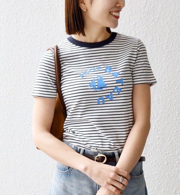 SHIPS any「【SHIPS any別注】PETIT BATEAU: ロゴ プリント コンパクト ボーダー TEE 26SS」|Tシャツ・カットソー|ネイビー