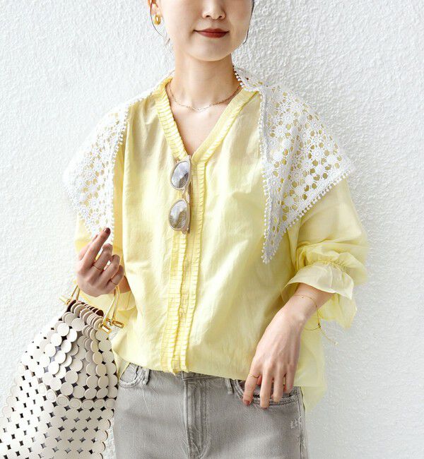 SHIPS for women「〈手洗い可能〉綿 シルク Vネック フリル タック ブラウス」|シャツ・ブラウス|