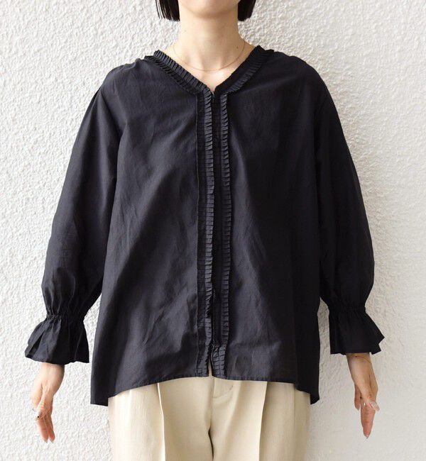 SHIPS for women「〈手洗い可能〉綿 シルク Vネック フリル タック ブラウス」|シャツ・ブラウス|