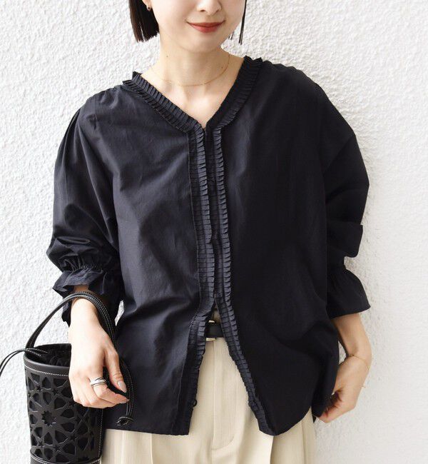 SHIPS for women「〈手洗い可能〉綿 シルク Vネック フリル タック ブラウス」|シャツ・ブラウス|