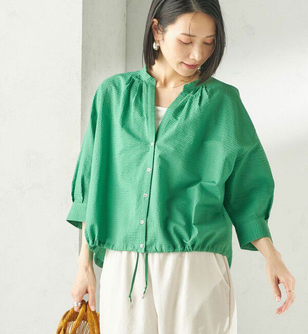 SHIPS for women「〈手洗い可能〉サッカー 裾 ドロスト メタル ボタン シャツ」|シャツ・ブラウス|グリーン