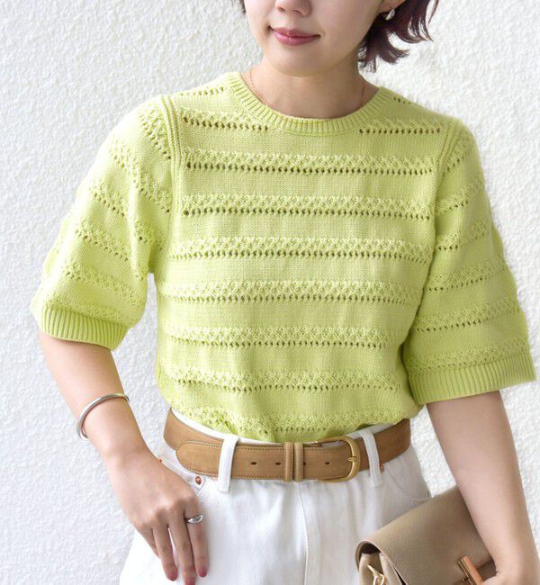 SHIPS for women「〈手洗い可能〉コットン レース柄 ショート スリーブ プルオーバー」|ニット・セーター|ライトグリーン