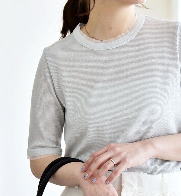 quaranciel「quaranciel:〈手洗い可能〉ラメ チュール リブ コンパクト TEE」|Tシャツ・カットソー|ホワイト