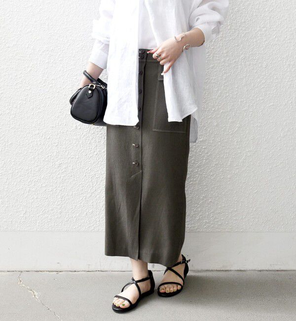 SHIPS any「《予約》SHIPS any:〈洗濯機可能〉リネンミックス ボタン デザイン タイト スカート」|タイト|ダークオリーブ