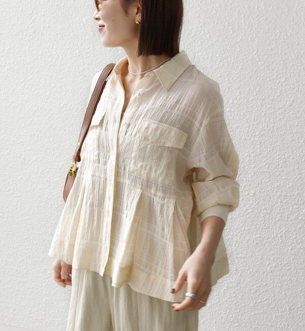 SHIPS any「《予約》SHIPS any:〈手洗い可能〉シアー チェック レギュラーカラー ペプラム シャツ」|シャツ・ブラウス|ベージュ