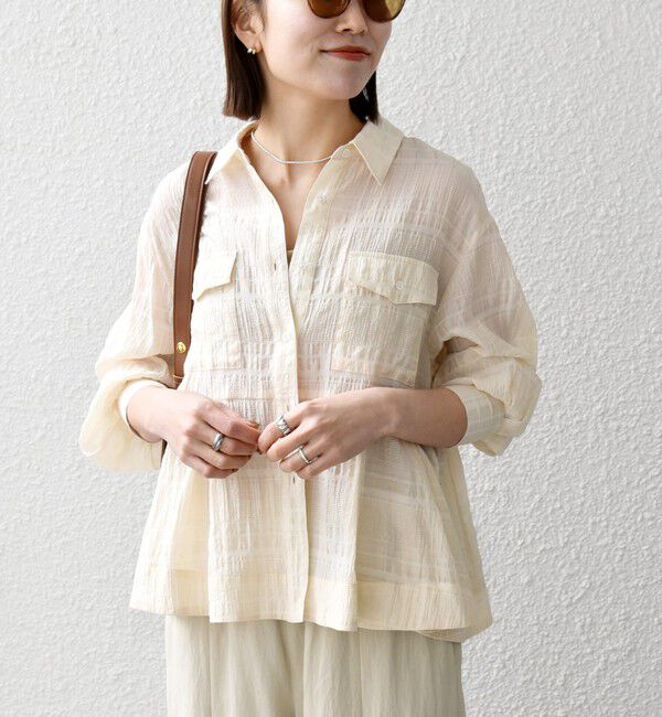 SHIPS any「《予約》SHIPS any:〈手洗い可能〉シアー チェック レギュラーカラー ペプラム シャツ」|シャツ・ブラウス|
