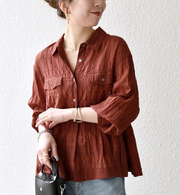 SHIPS any「《予約》SHIPS any:〈手洗い可能〉シアー チェック レギュラーカラー ペプラム シャツ」|シャツ・ブラウス|