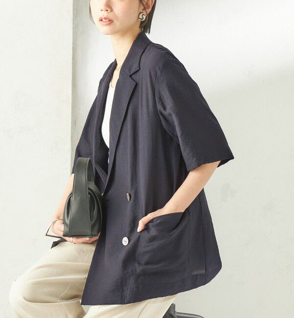 SHIPS for women「《予約》〈手洗い可能〉シルク混 シアー 羽織 半袖 ジャケット」|テーラードジャケット|ネイビー