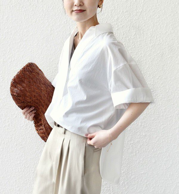 SHIPS for women「〈手洗い可能〉無地/ストライプ スキッパー サイド スリット 半袖 シャツ」|シャツ・ブラウス|オフホワイト