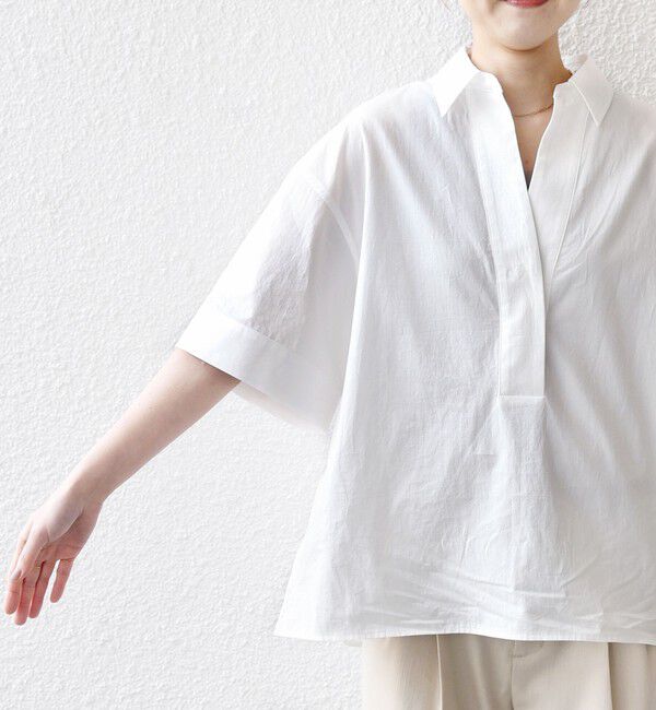 SHIPS for women「〈手洗い可能〉無地/ストライプ スキッパー サイド スリット 半袖 シャツ」|シャツ・ブラウス|