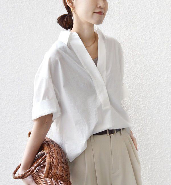 SHIPS for women「〈手洗い可能〉無地/ストライプ スキッパー サイド スリット 半袖 シャツ」|シャツ・ブラウス|