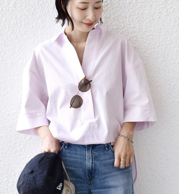 SHIPS for women「〈手洗い可能〉無地/ストライプ スキッパー サイド スリット 半袖 シャツ」|シャツ・ブラウス|