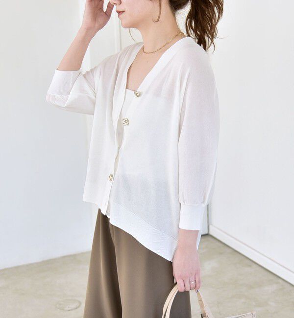 quaranciel「《予約》quaranciel:〈接触冷感/手洗い可能〉メタルボタン Vネック シアー ニット カーディガン」|カーディガン|