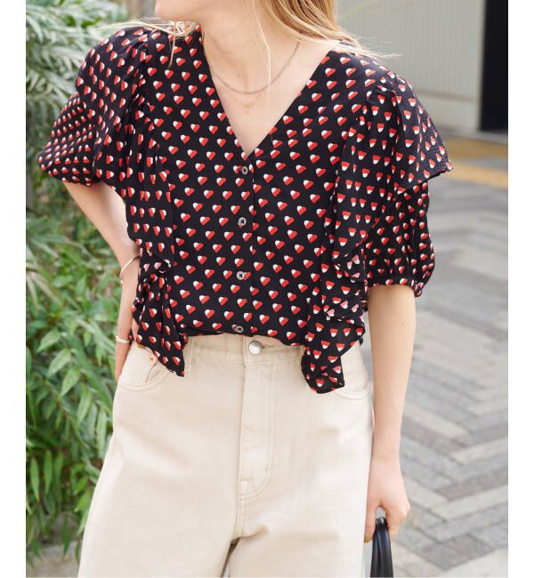 OUTDOOR PRODUCTS Usual Things「フラワープリント五分袖フリルブラウス」|シャツ・ブラウス|