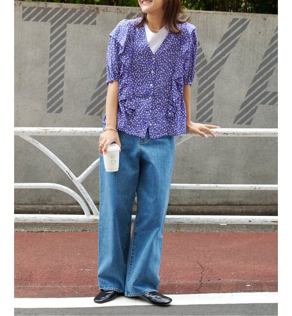 OUTDOOR PRODUCTS Usual Things「フラワープリント五分袖フリルブラウス」|シャツ・ブラウス|