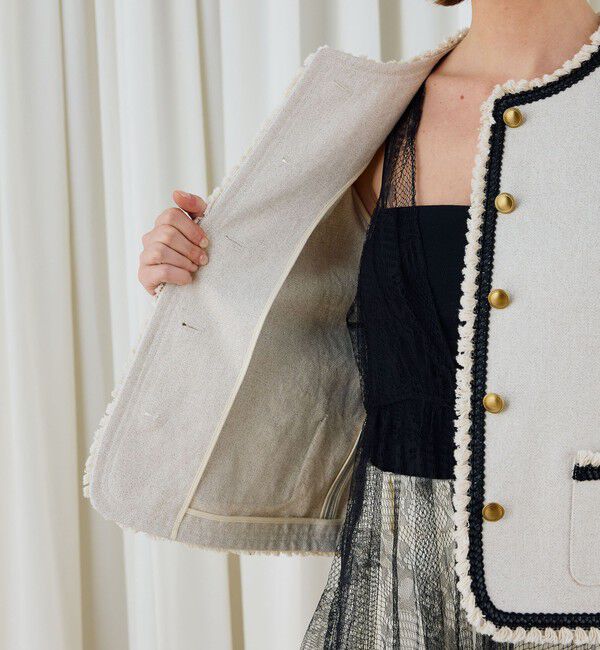 DES PRES「コットンリネンハイカウントクロス クルーネックジャケット」|ノーカラージャケット|