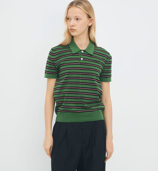 CABaN「コットンストライプ ポロハーフスリーブプルオーバー」|ニット・セーター|