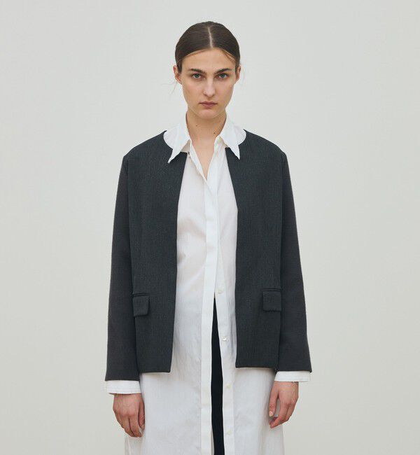 DES PRES「ウールファブリックコンビ クルーネックジャケット」|ノーカラージャケット|
