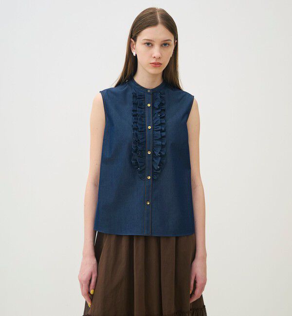 TOMORROWLAND collection「コットンシルクデニム ラッフルスリーブレスブラウス」|シャツ・ブラウス|