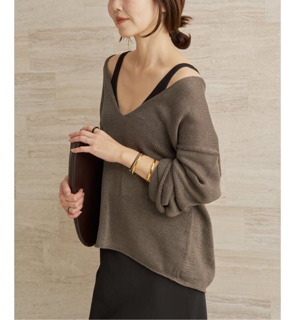 Plage「コットンリリヤーン Vプルオーバー」|ニット・セーター|カーキ