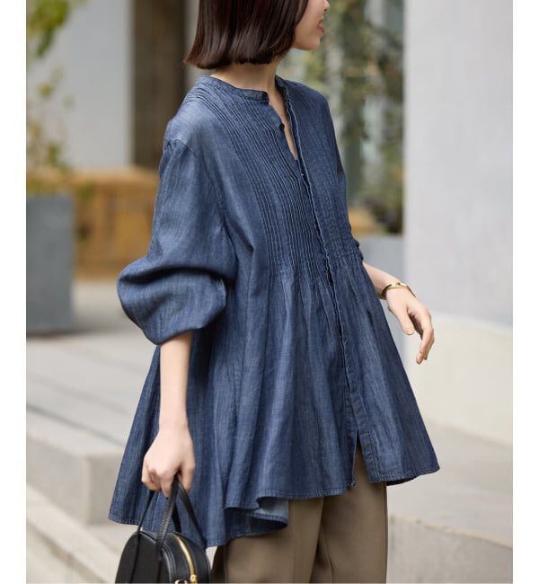 SLOBE IENA「LEDENIM ボサム ペプラムデニムブラウス」|シャツ・ブラウス|ネイビー