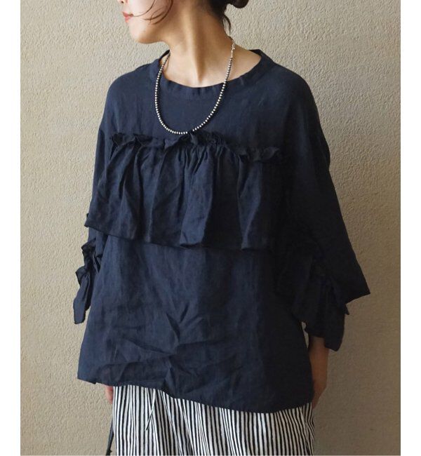 journal standard luxe「フレンチリネンキャンバス フリルプルブラウス」|シャツ・ブラウス|ネイビー