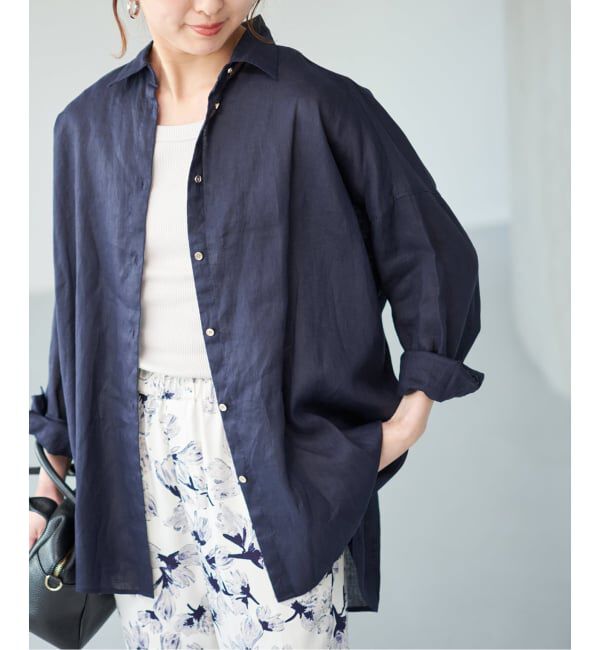 Spick and Span「《ゆったりサイズ》追加 80リネンカシュクール ビッグシャツ」|シャツ・ブラウス|ネイビー