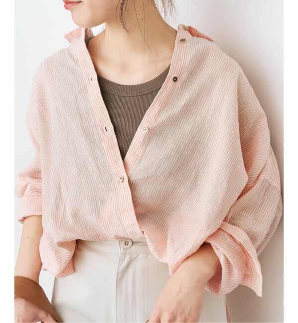 Spick and Span「《ゆったりサイズ》追加 80リネンカシュクール ビッグシャツ」|シャツ・ブラウス|ピンクベース