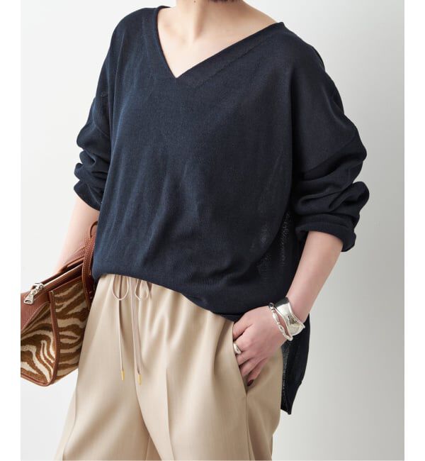Spick and Span「ペーパーヤーンVネックルーズプルオーバー」|ニット・セーター|ネイビー