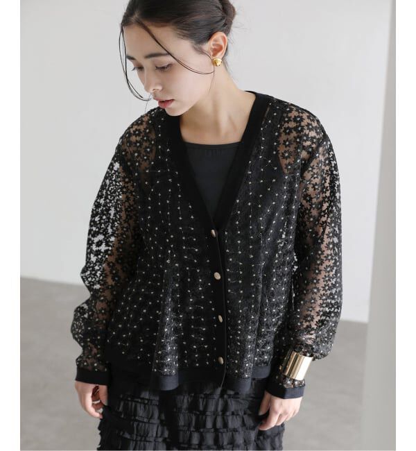  「【洗える】フラワーレースカーディガン」|カーディガン|ブラック