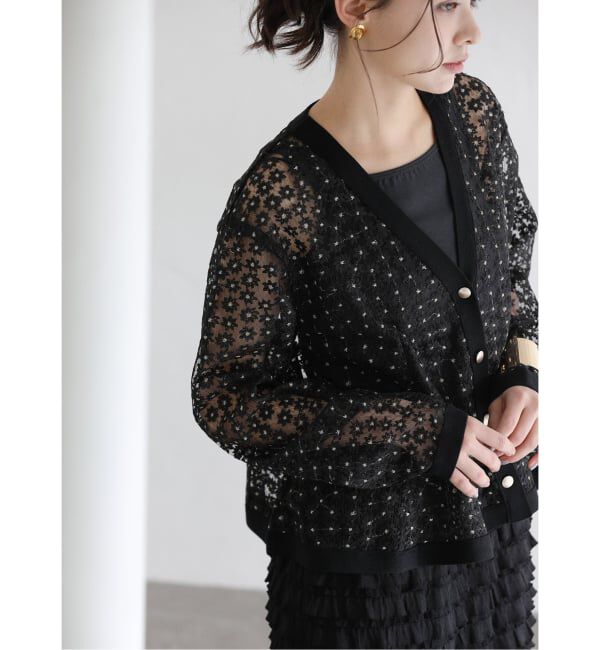  「【洗える】フラワーレースカーディガン」|カーディガン|