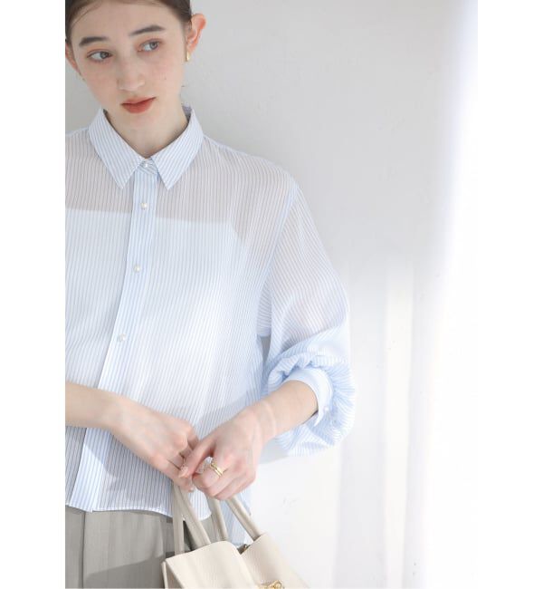  「【洗える】ストライプシアーギャザーシャツ」|シャツ・ブラウス|
