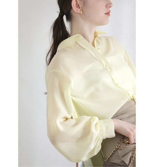  「【洗える】ストライプシアーギャザーシャツ」|シャツ・ブラウス|
