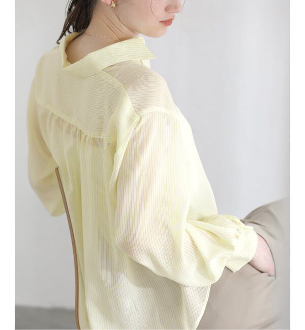  「【洗える】ストライプシアーギャザーシャツ」|シャツ・ブラウス|