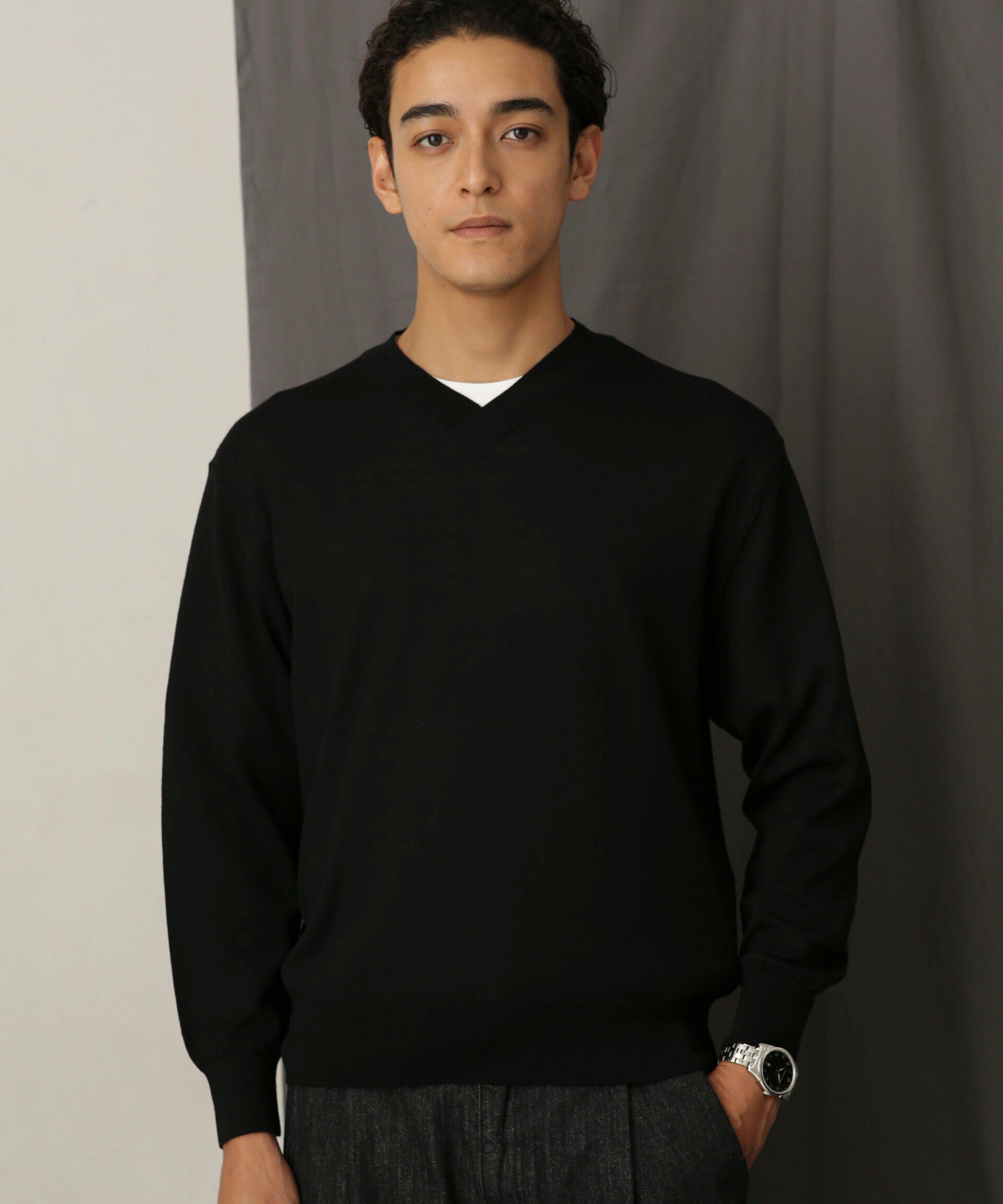 nano･universe「「毛玉レスニット」 ファインゲージＶネック」|ニット・セーター|ブラック