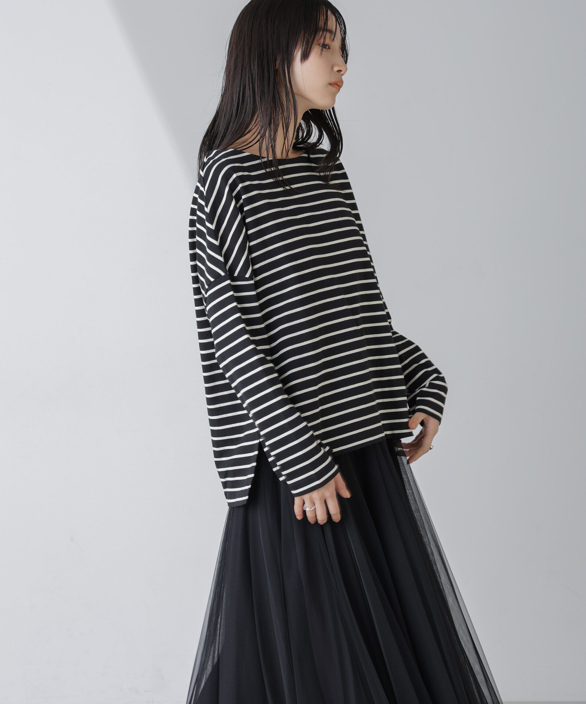 nano･universe「WEB限定/ボーダーワイドドロップトップス」|Tシャツ・カットソー|