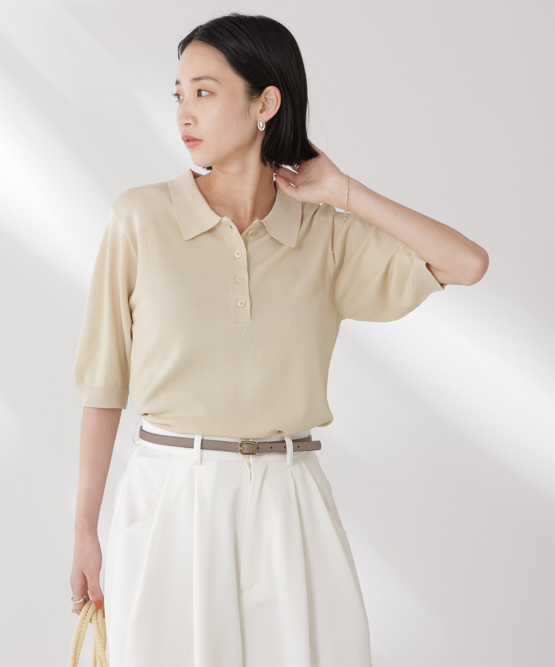 nano･universe「多機能強撚ポロニットトップス」|ニット・セーター|ベージュ