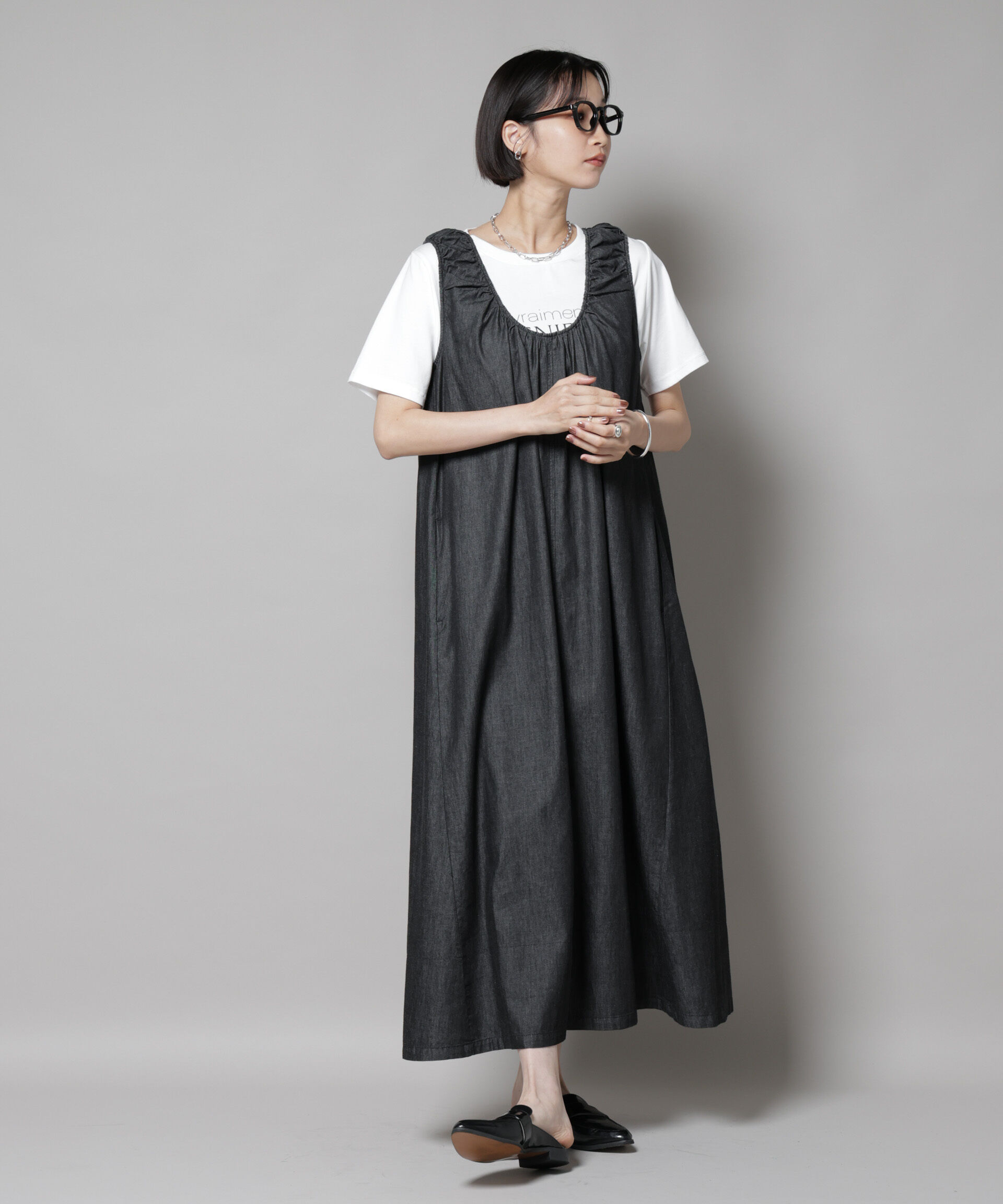 nano･universe「ギャザーデザインフレアデニムワンピース」|ワンピース|