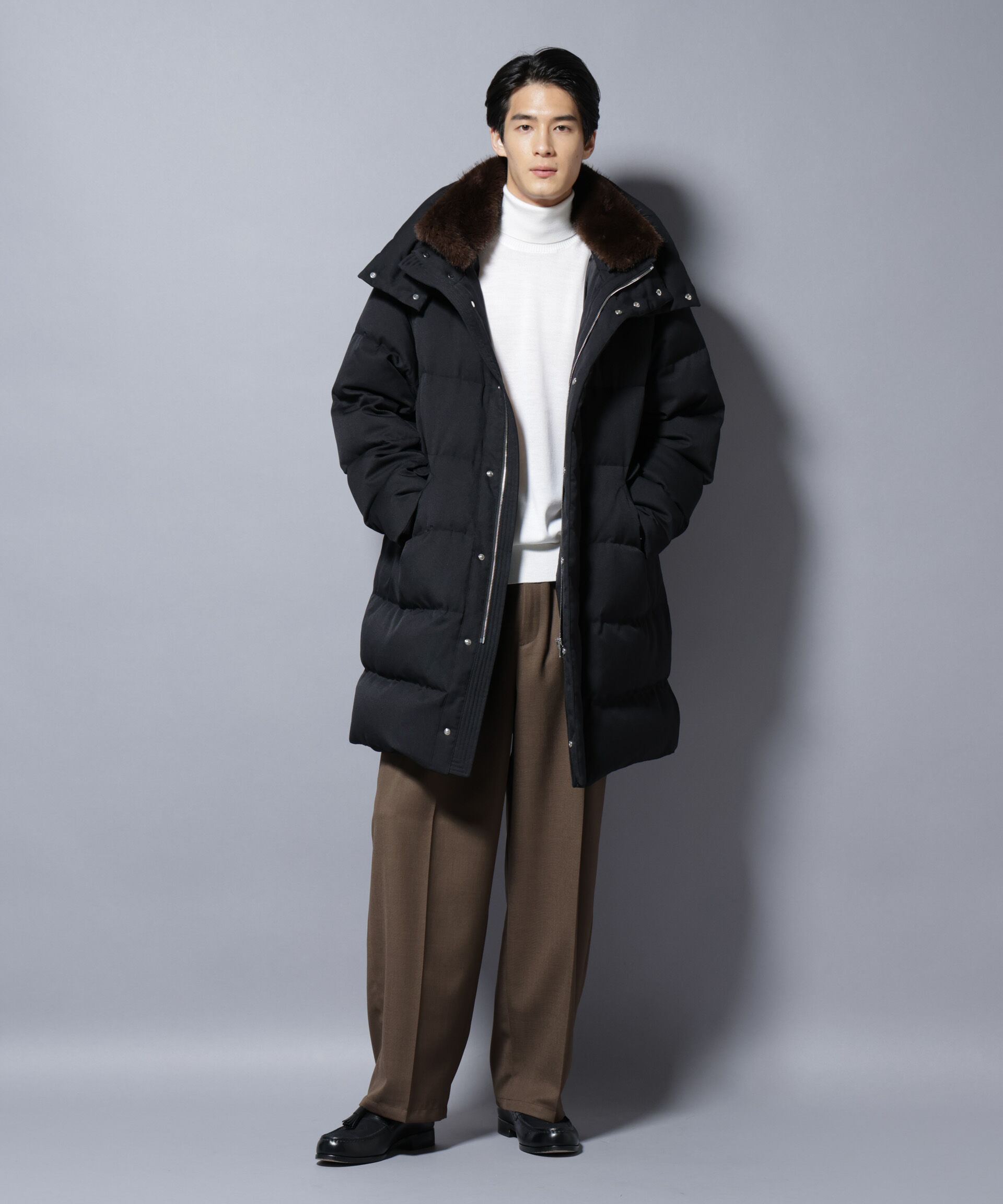 nano･universe「「西川ダウン(R)」フェイクファーカラーサージロングダウン」|ダウン|