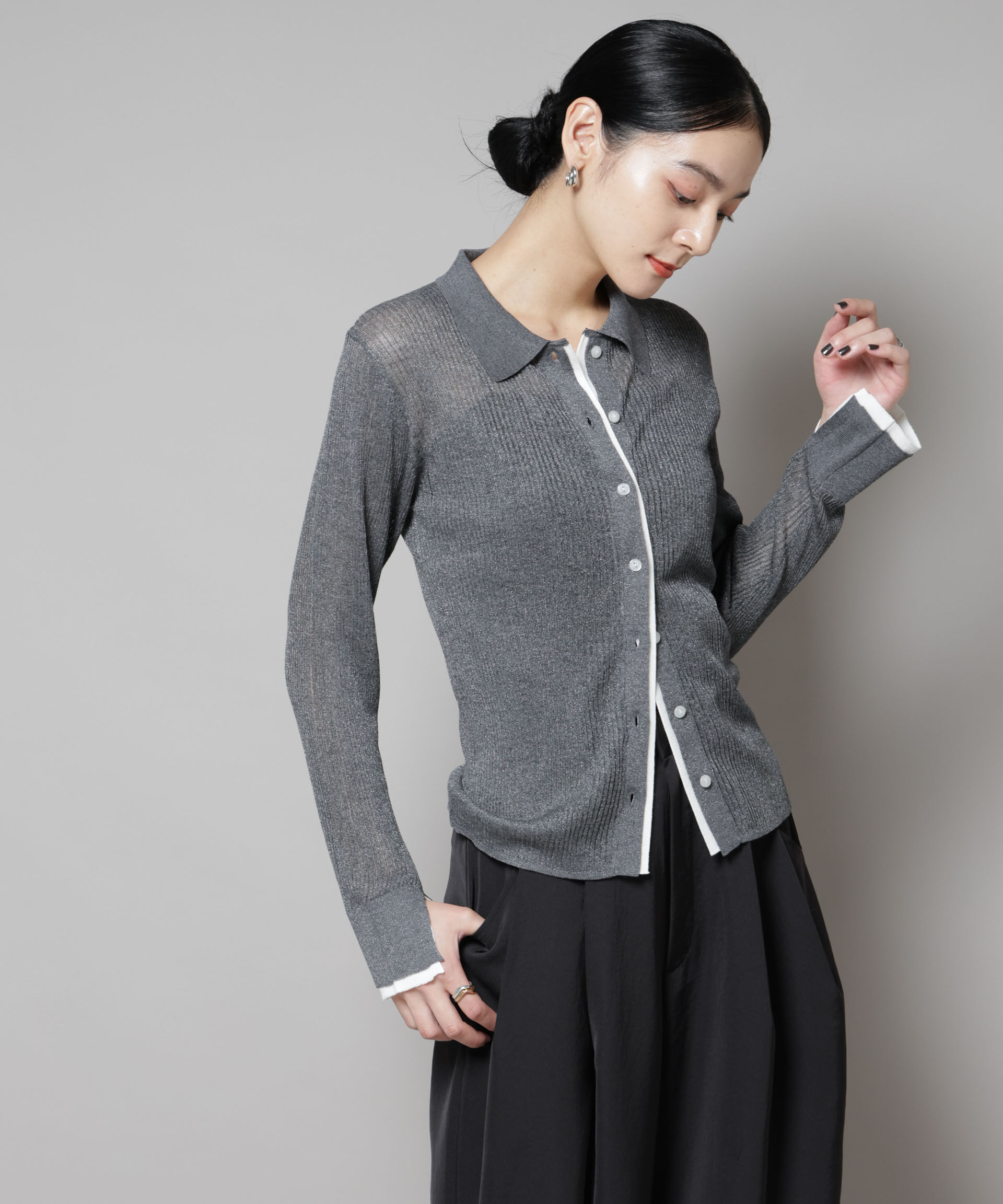 nano･universe「バイカラーシアーリブ衿付きカーディガン」|ニット・セーター|