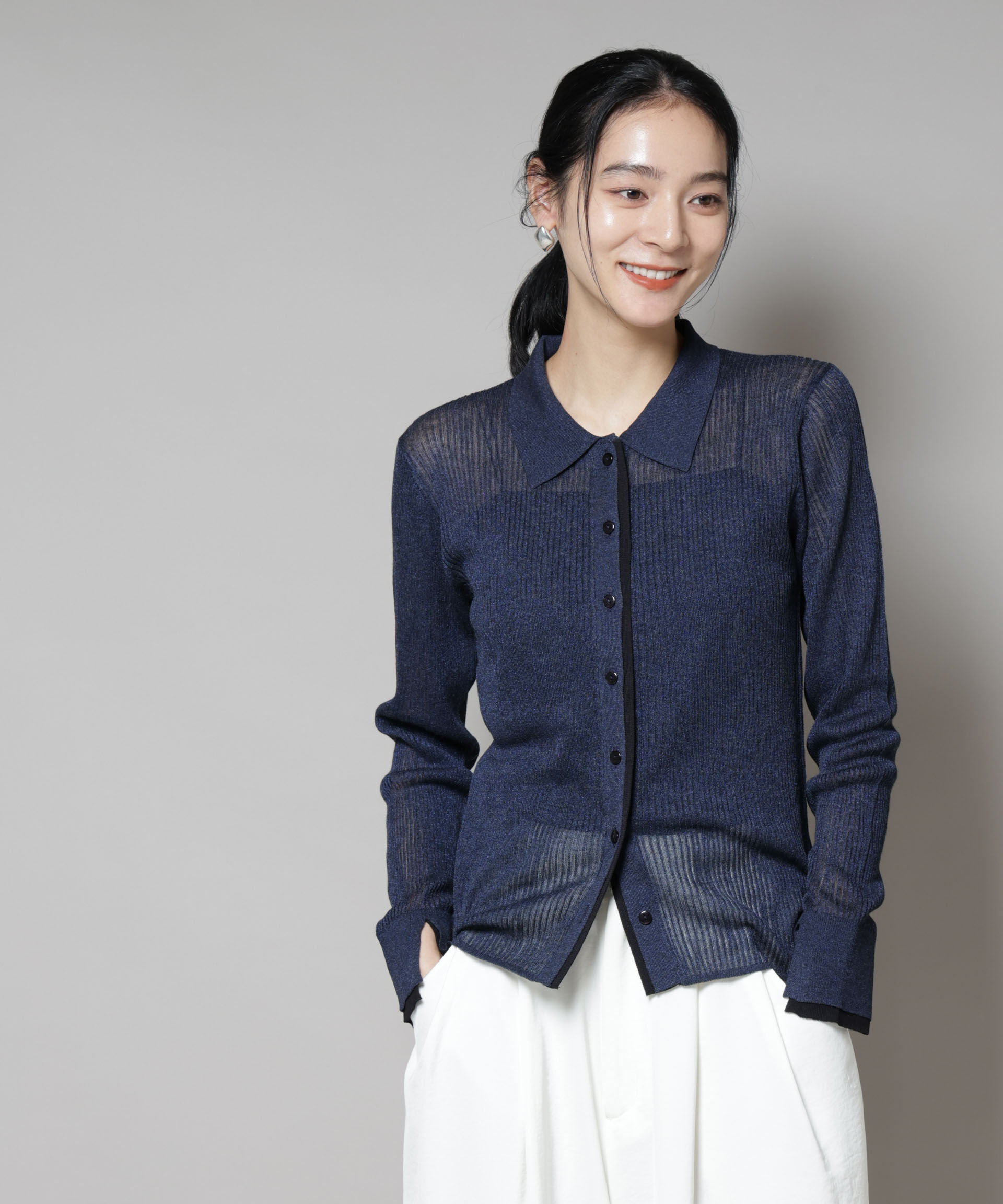 nano･universe「バイカラーシアーリブ衿付きカーディガン」|ニット・セーター|