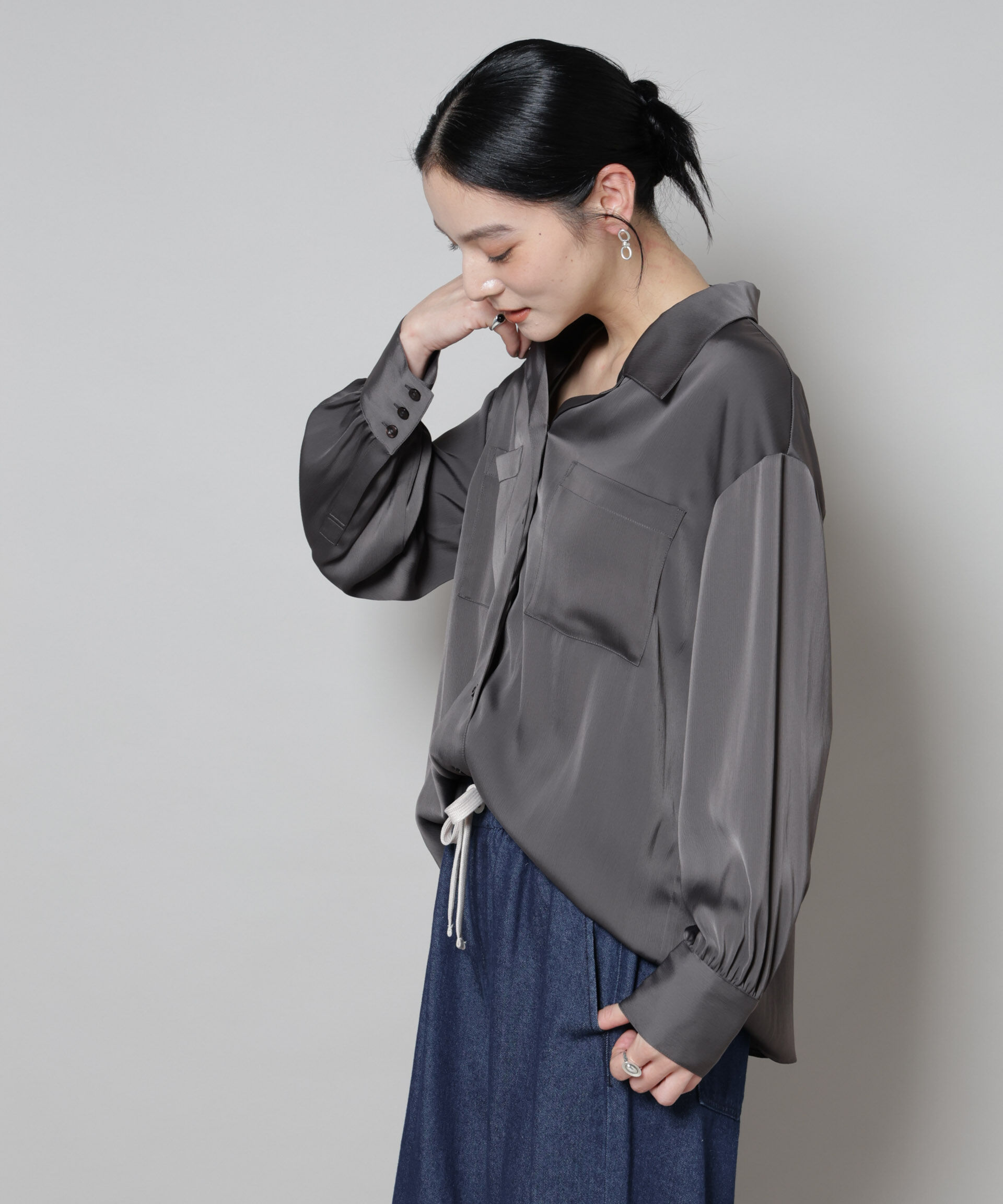 nano･universe「サテンオープンカラーシャツ(セットアップ可)」|シャツ・ブラウス|